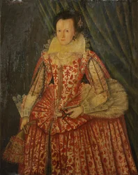 Portrait of a Lady, Three-quarter-length, in a Red and White Dress, Holding Gloves and a Fan